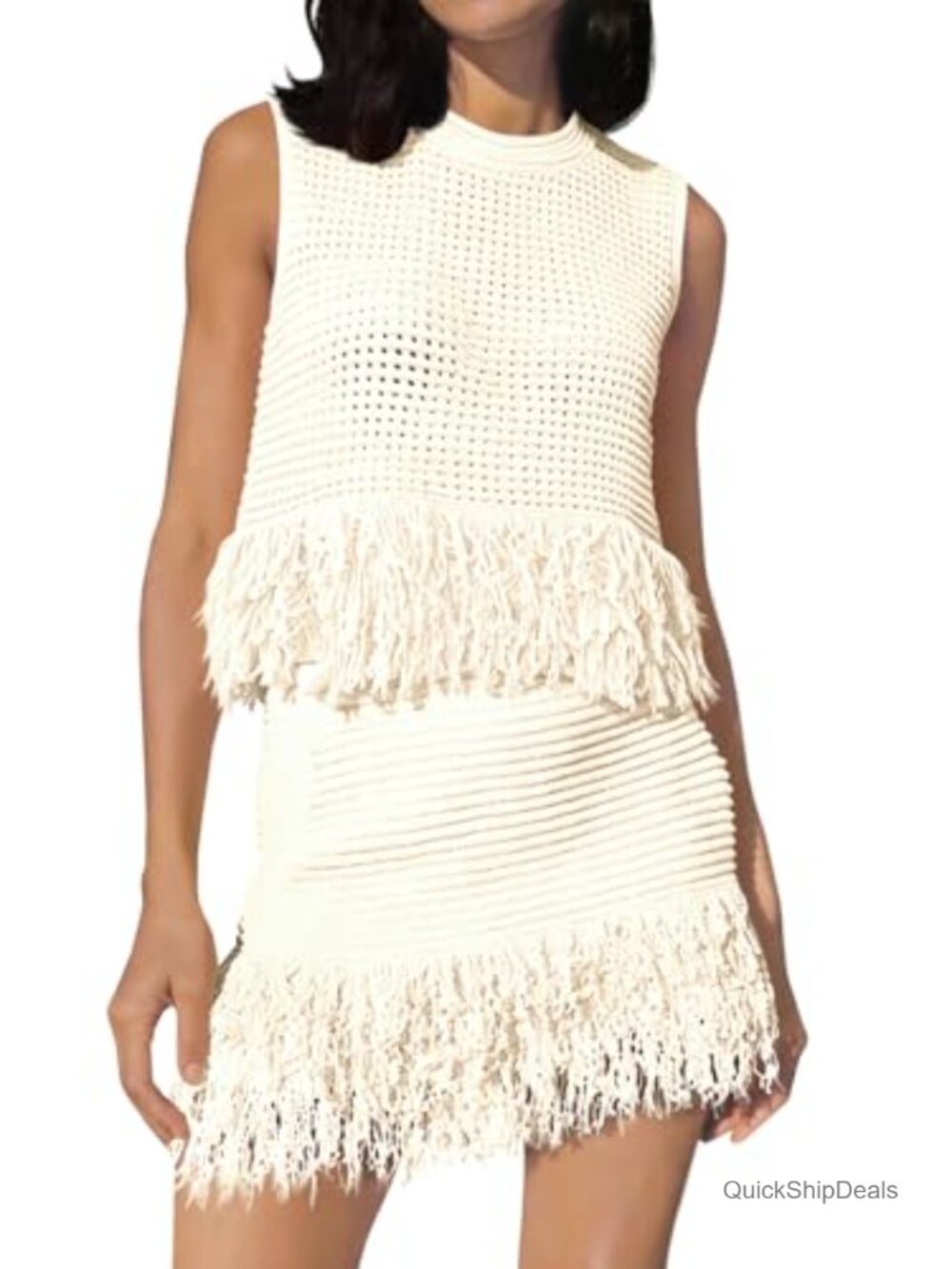 Crochet 2 Piece Sweater Top & Fringe Mini Skirt Set Beach Coverup